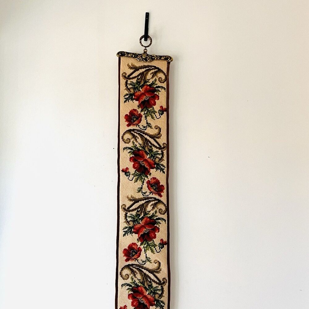 Vtg 7Os Poppies Needlepoint Bell Pull Wall Hanging Tapestry Brass Hardware - Picture 8 of 16